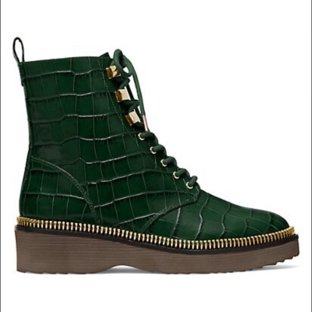 Michael Kors Haskell croc embossed leather bootie, combat boots, moss green, 9.5 - Picture 4 of 15